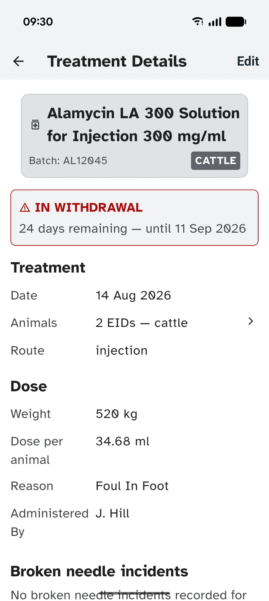 Drover showing a treatment's withdrawal countdown and sale warning