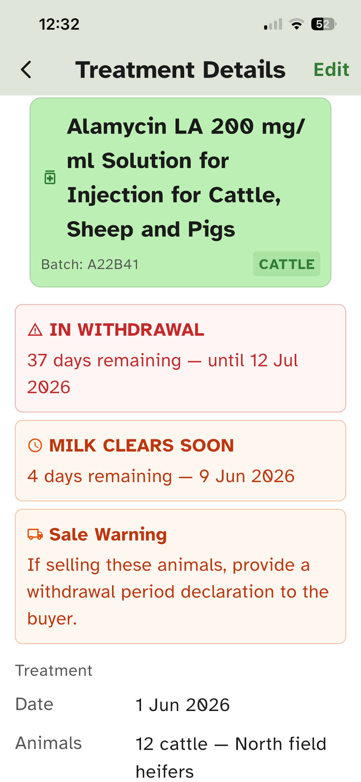 Drover showing a treatment's withdrawal countdown and sale warning